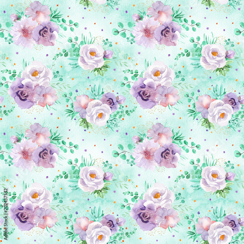 seamless watercolor floral pattern in mint green and light purple violet colors on light green background