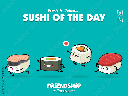 Vintage Japanese food poster design with vector Saba, Futomaki, Maguro, sushi characters. Chinese word means sushi.
