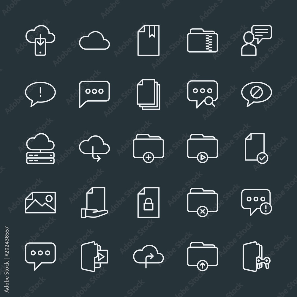Modern Simple Set of cloud and networking, chat and messenger, folder, files Vector outline Icons. Contains such Icons as technology, web and more on dark background. Fully Editable. Pixel Perfect. Modern Simple Set of cloud and networking, chat and messenger, folder, files Vector outline Icons. Contains such Icons as technology, web and more on dark background. Fully Editable. Pixel Perfect.
