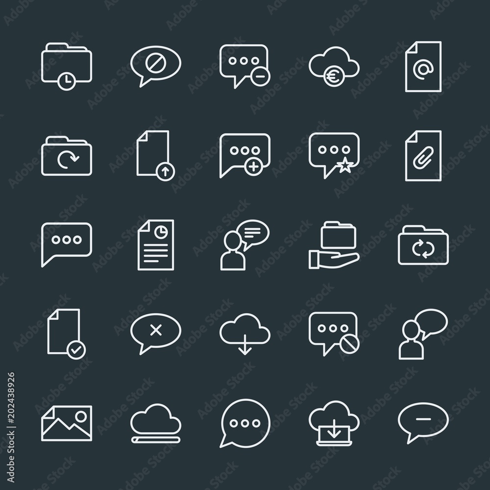 Modern Simple Set of cloud and networking, chat and messenger, folder, files Vector outline Icons. Contains such Icons as delete, messaging and more on dark background. Fully Editable. Pixel Perfect. Modern Simple Set of cloud and networking, chat and messenger, folder, files Vector outline Icons. Contains such Icons as delete, messaging and more on dark background. Fully Editable. Pixel Perfect.
