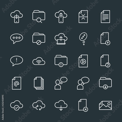 Modern Simple Set of cloud and networking, chat and messenger, folder, files Vector outline Icons. Contains such Icons as upload, document and more on dark background. Fully Editable. Pixel Perfect.