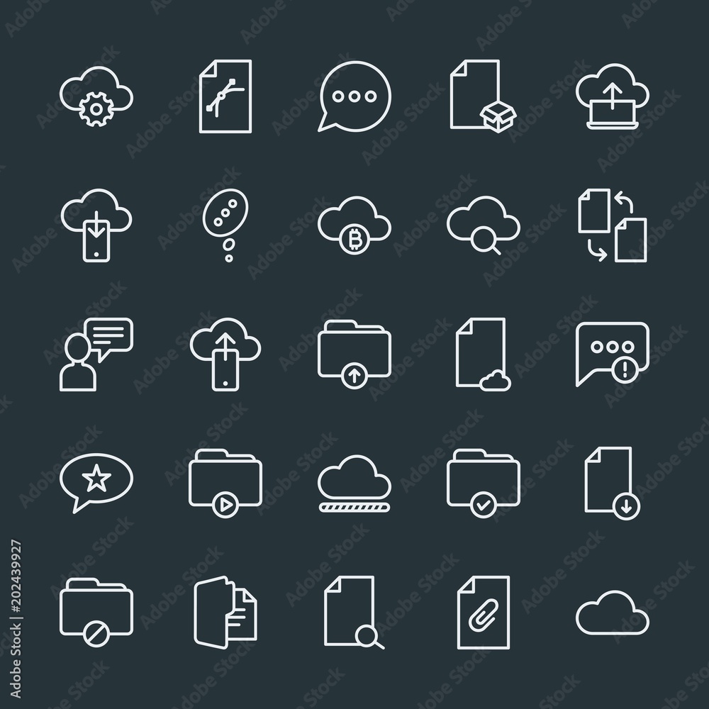 Modern Simple Set of cloud and networking, chat and messenger, folder, files Vector outline Icons. Contains such Icons as communication and more on dark background. Fully Editable. Pixel Perfect. Modern Simple Set of cloud and networking, chat and messenger, folder, files Vector outline Icons. Contains such Icons as communication and more on dark background. Fully Editable. Pixel Perfect.