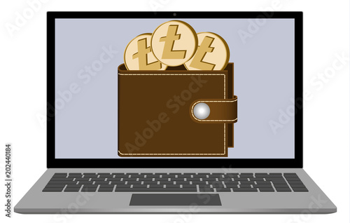 wallet with litecoin coins on a laptop screen