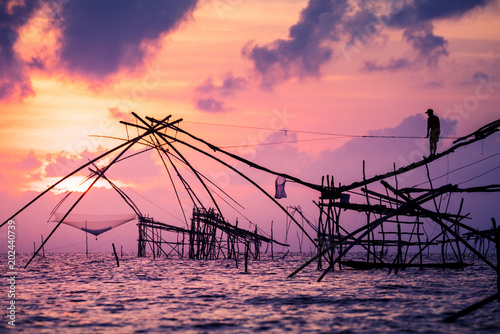 Yokyor is old style for fishing of Thai people in Pak Pra Village, silhouette object
