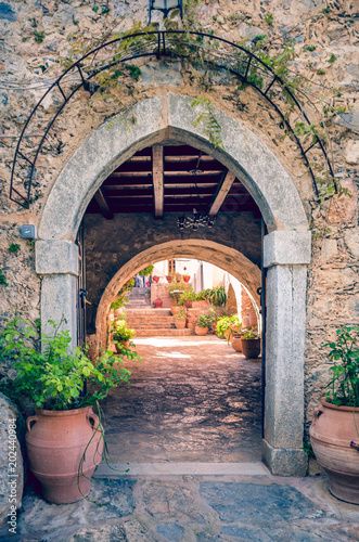 stone arched gate. Gateway to orthodox monastery located in Crete