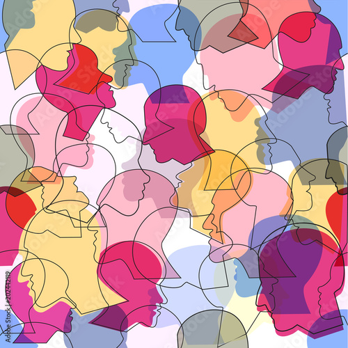 Seamless pattern of a crowd of many different people profile heads. Vector background.