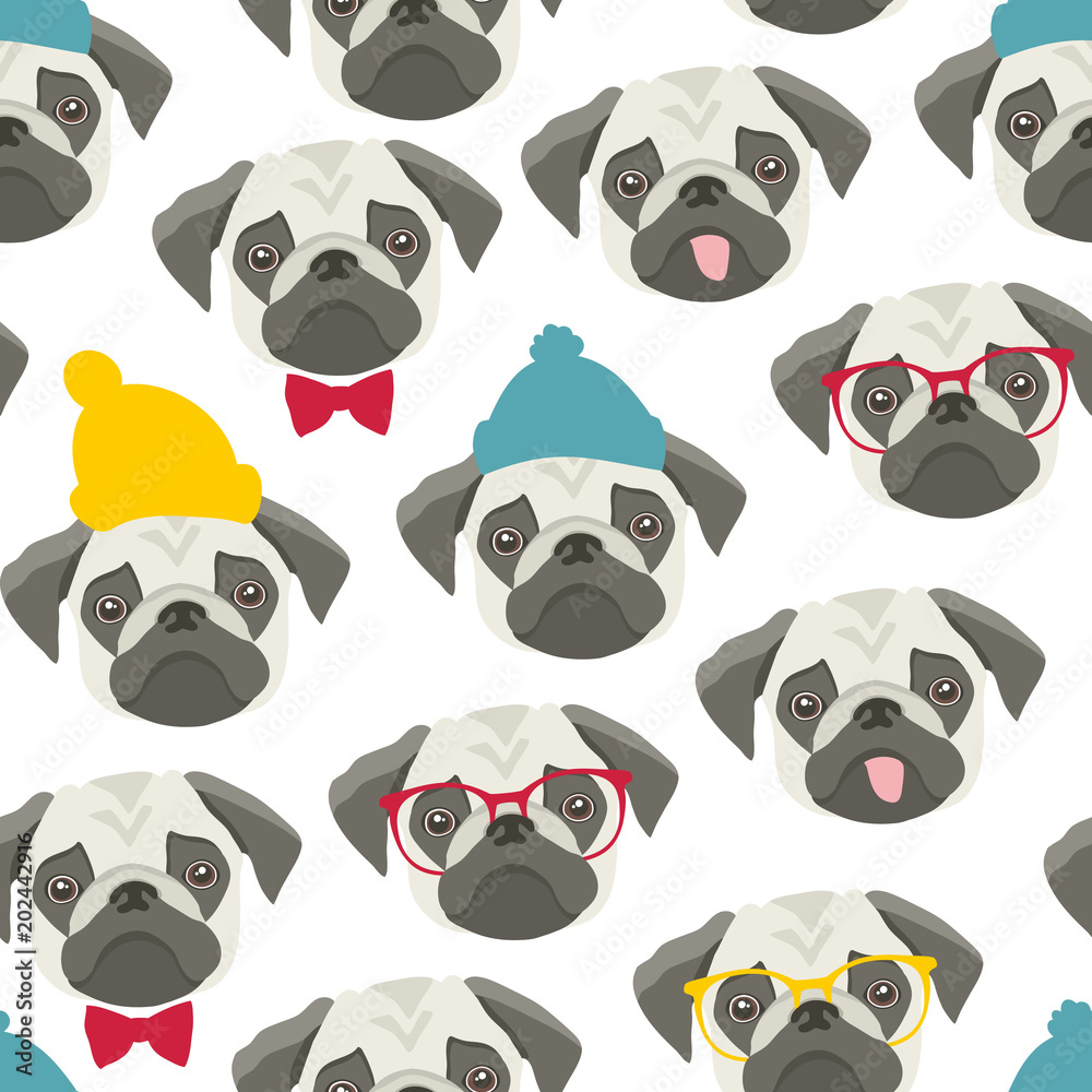 Endless pattern with pugs on white background.