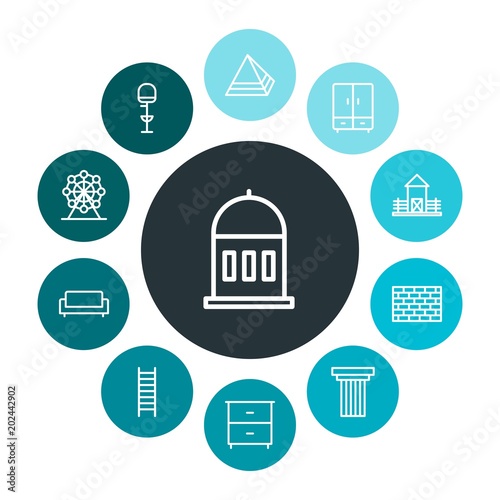 buildings, furniture Infographic Colorful outline Icons Set. Contains such Icons as drawer,  wooden,  clothes,  wheel, bar,  safety,  construction, closet, sofa and more. Fully Editable. Pixel Perfect