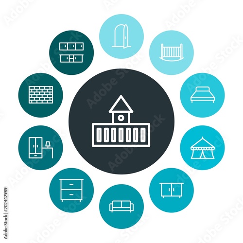 buildings, furniture Infographic Colorful outline Icons Set. Contains such Icons as  sign,  crib, kitchen,  structure,  fortress,  wooden,  architecture, circus and more. Fully Editable. Pixel Perfect