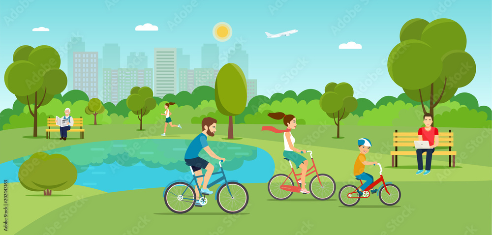 Φωτογραφία Family riding a bicycle Grandfather sitting on the bench and reading newspaper Young man sitting on the bench and working with laptop and Running girl in the park