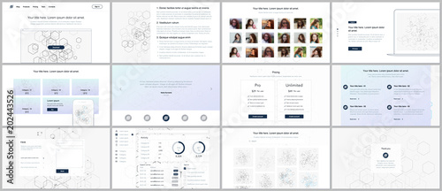 Vector templates for website design, minimal presentations, portfolio. UI, UX, GUI. Design of headers, dashboard, contact forms, features, pricing, e-commerce page, blog etc. Social network concept.