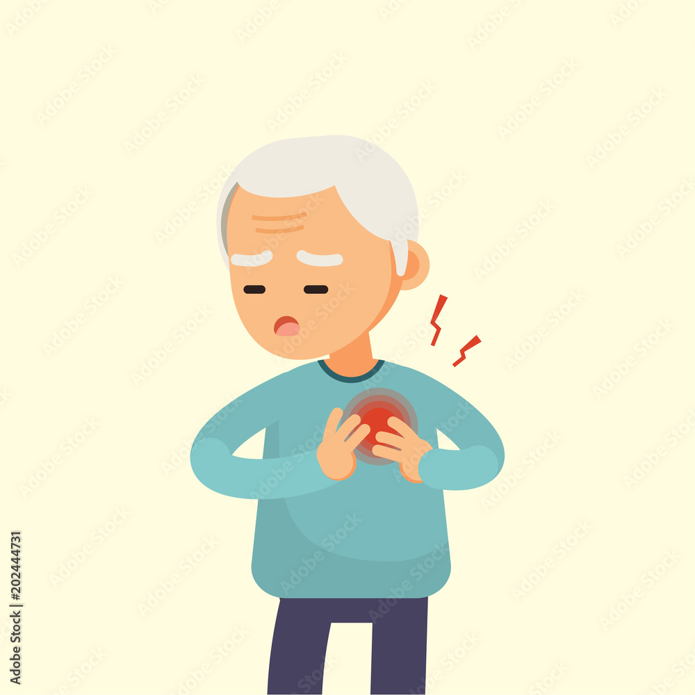 Senior man having a heart attack, elderly with chest pain cartoon, vector  illustration. Stock Vector | Adobe Stock