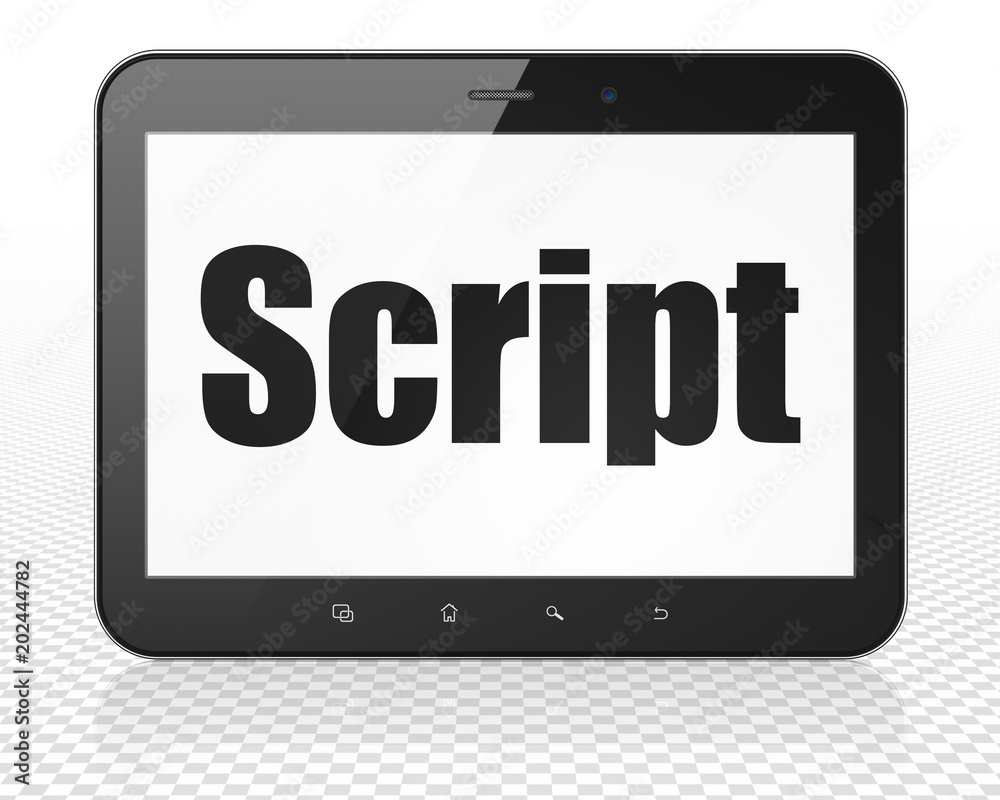 Programming concept: Tablet Pc Computer with black text Script on display, 3D rendering Programming concept: Tablet Pc Computer with black text Script on display, 3D rendering