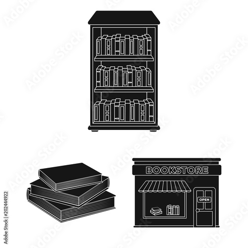 Library and bookstore black icons in set collection for design. Books and furnishings vector symbol stock web illustration.