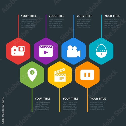 Flat geometric location, video, photos, time infographic steps template with 7 options for presentations, advertising, annual reports