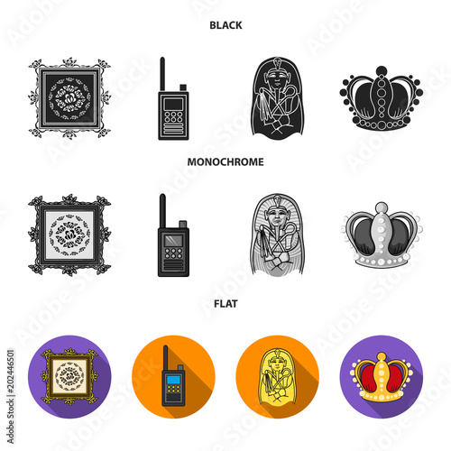 Picture, sarcophagus of the pharaoh, walkie-talkie, crown. Museum set collection icons in black, flat, monochrome style vector symbol stock illustration web.
