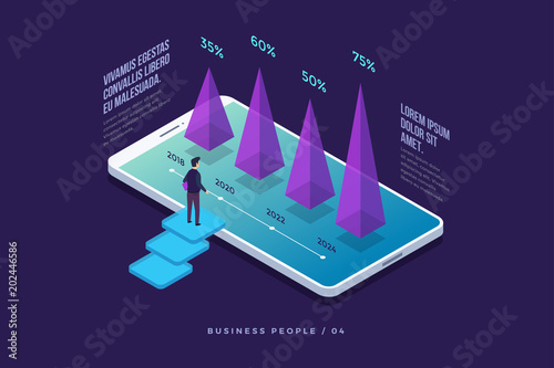 Concept business strategy. Businessman standing in front of smartphone screen and looks at growth statistics. Success in the business. 3d isometric flat design. Vector illustration.