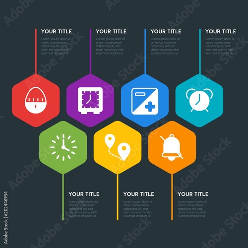 Flat geometric location, video, photos, time infographic steps template with 7 options for presentations, advertising, annual reports