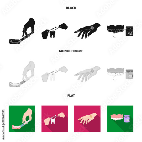Anesthetic injection, dental instrument, hand manipulation, tooth cleaning and other web icon in black, flat, monochrome style.bactericidal plaster, medicine icons in set collection.