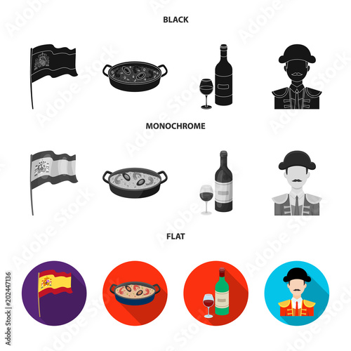 Flag with the coat of arms of Spain, a national dish with rice and tomatoes, a bottle of wine with a glass, a bullfighter, a matador. Spain country set collection icons in black, flat, monochrome