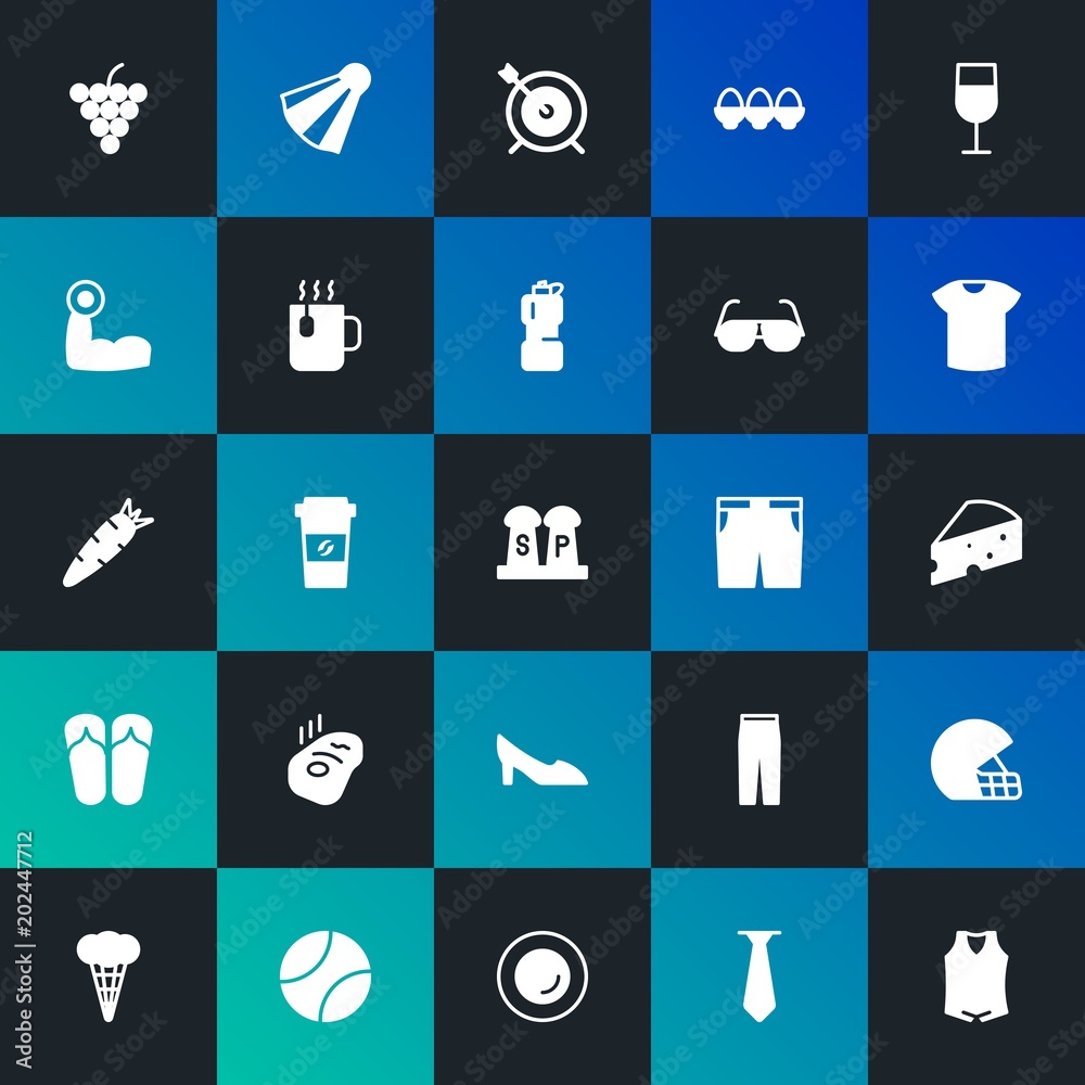 Modern Simple Set of food, clothes, sports, drinks Vector fill Icons. Contains such Icons as  trousers,  clothing,  ball, plate and more on dark and gradient background. Fully Editable. Pixel Perfect.