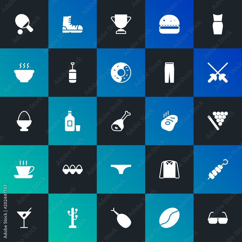 Modern Simple Set of food, clothes, sports, drinks Vector fill Icons. Contains such Icons as  game,  young,  leather, sport and more on dark and gradient background. Fully Editable. Pixel Perfect.