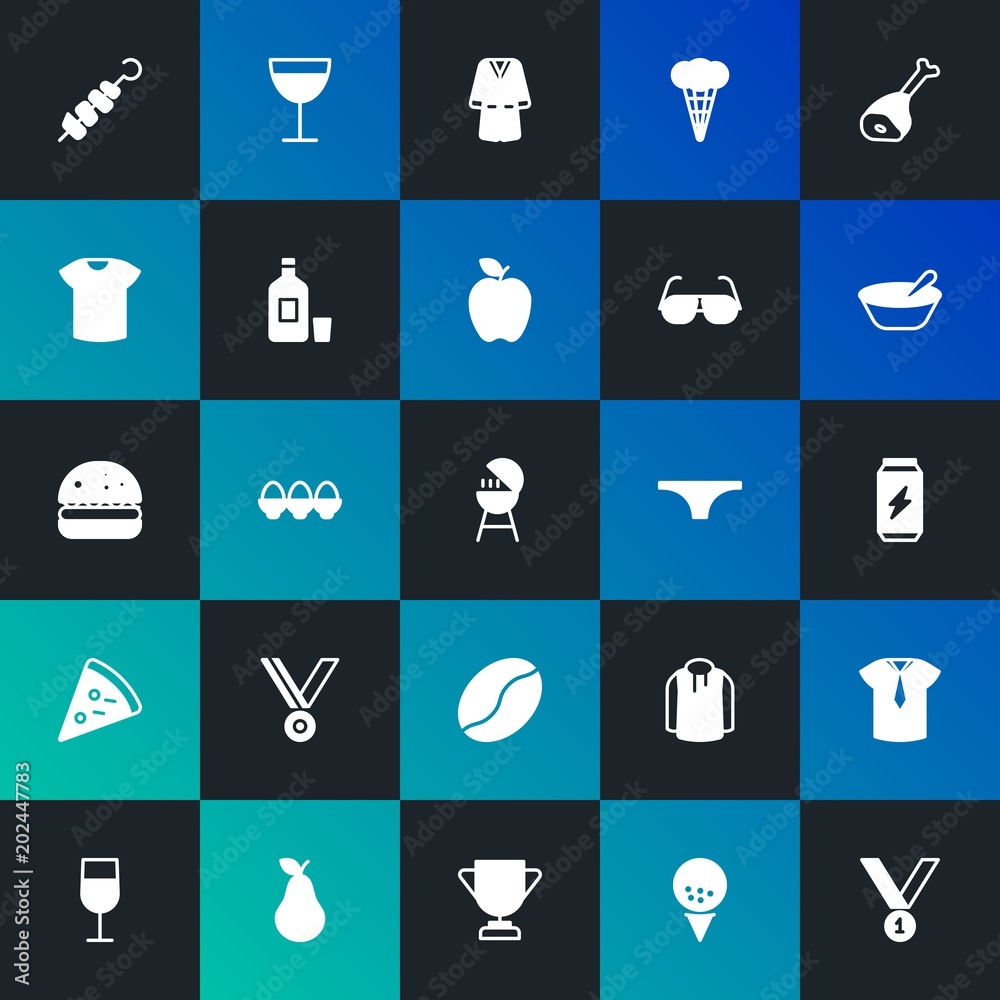 Modern Simple Set of food, clothes, sports, drinks Vector fill Icons. Contains such Icons as  style, award,  ball,  alcohol and more on dark and gradient background. Fully Editable. Pixel Perfect.