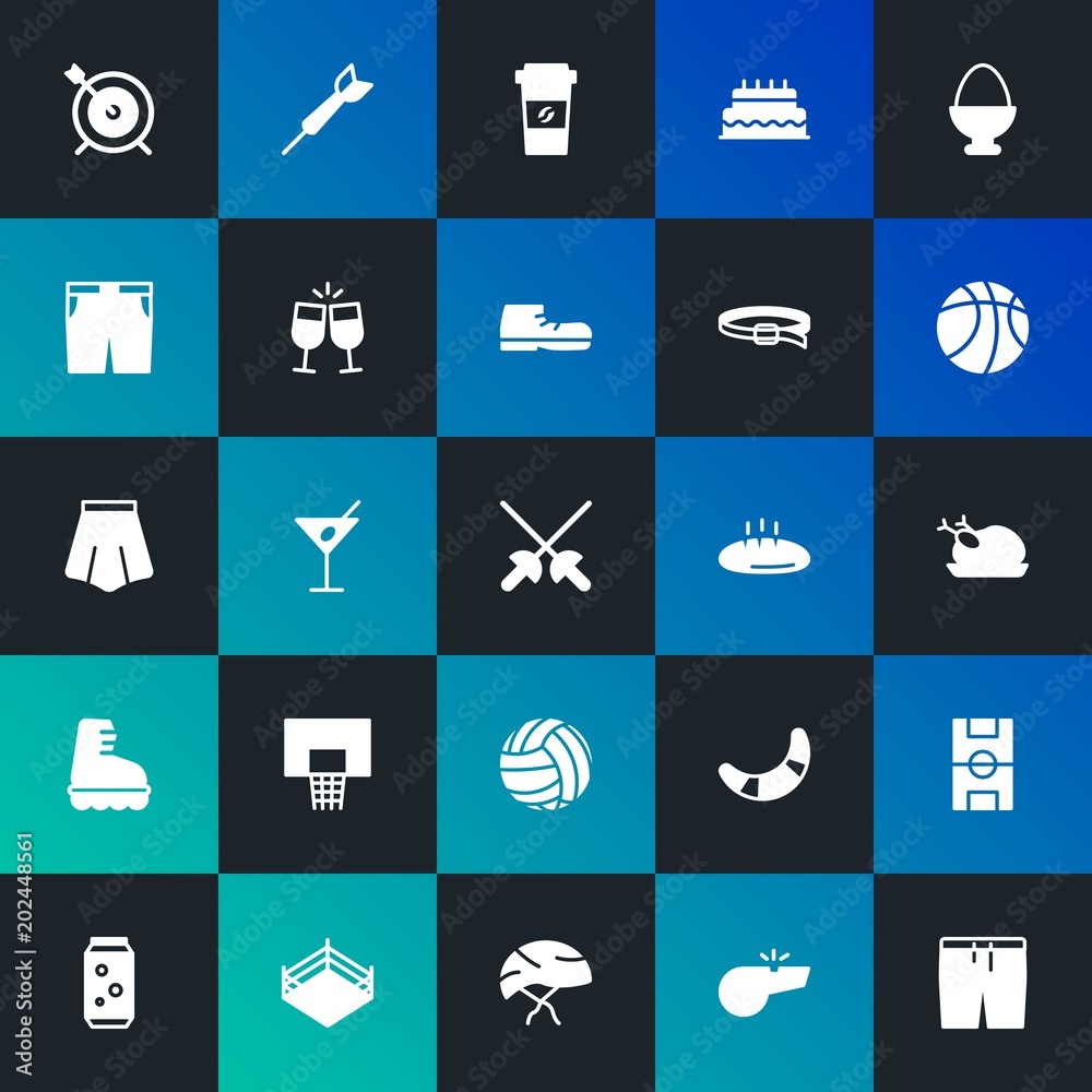 Modern Simple Set of food, clothes, sports, drinks Vector fill Icons. Contains such Icons as  drink, sport,  dessert,  birthday and more on dark and gradient background. Fully Editable. Pixel Perfect.