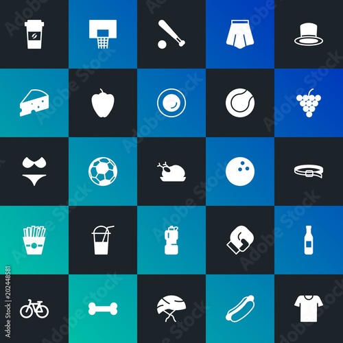 Modern Simple Set of food, clothes, sports, drinks Vector fill Icons. Contains such Icons as league, bike, mustard, hot and more on dark and gradient background. Fully Editable. Pixel Perfect.