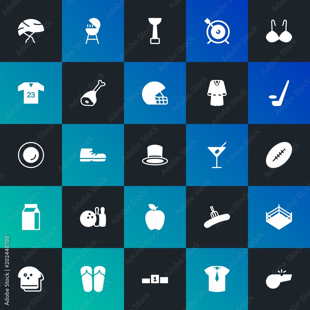 Modern Simple Set of food, clothes, sports, drinks Vector fill Icons. Contains such Icons as  barbecue,  style, sport, referee and more on dark and gradient background. Fully Editable. Pixel Perfect.