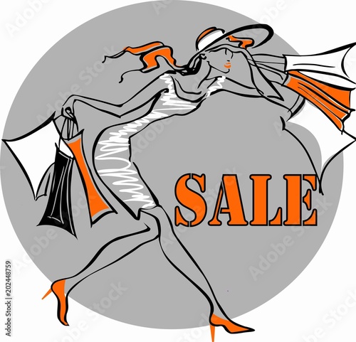 Theme shopping discounts sale. Woman hurries to have time to buy product at a discount