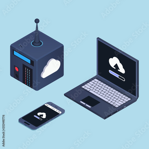 Isometric cloud storage concept. Laptop and smartphone connect to cloud storage. Vector illustration.