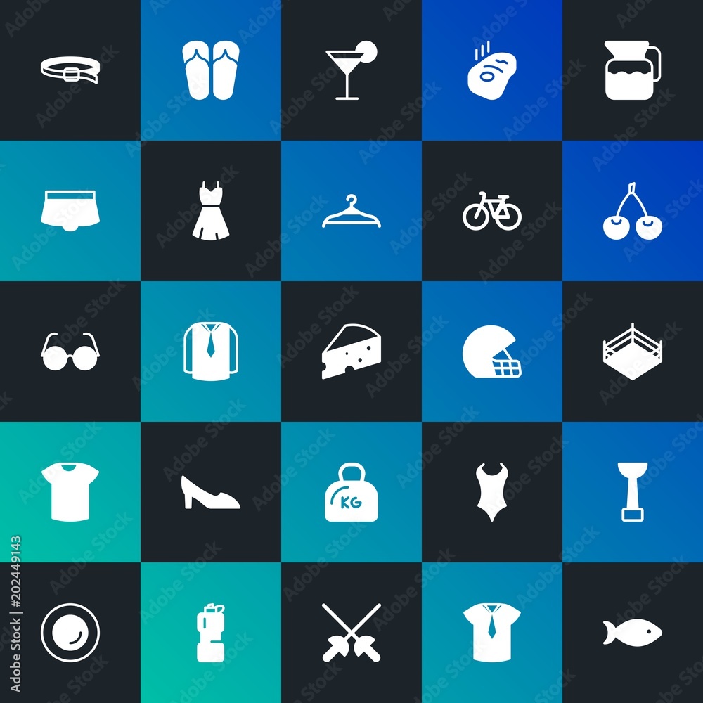 Modern Simple Set of food, clothes, sports, drinks Vector fill Icons. Contains such Icons as fashion,  belt,  young,  award and more on dark and gradient background. Fully Editable. Pixel Perfect.
