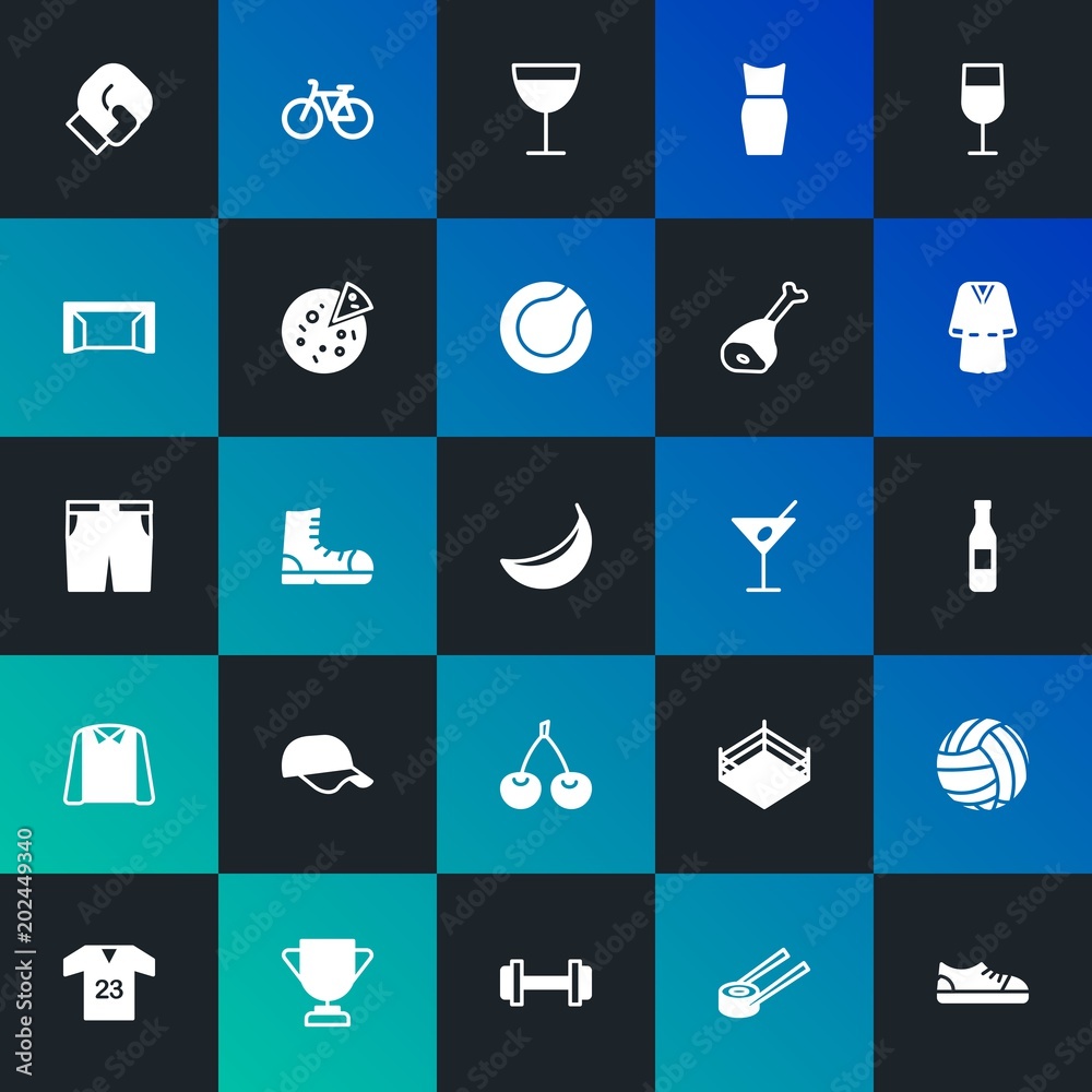 Modern Simple Set of food, clothes, sports, drinks Vector fill Icons. Contains such Icons as  fight,  beauty, fitness,  arena and more on dark and gradient background. Fully Editable. Pixel Perfect.
