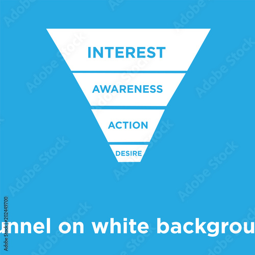 marketing funnel on white background, in black, icon isolated on blue background
