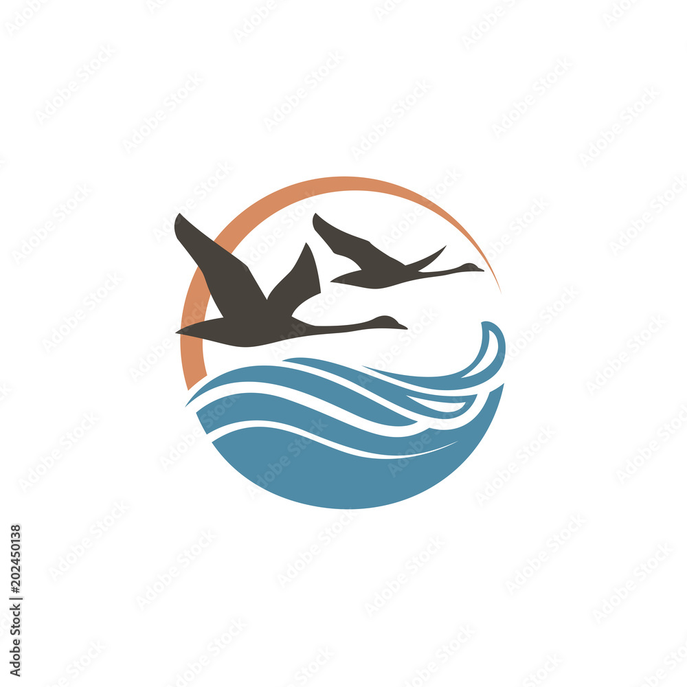 abstract icon with swans, sun and waves abstract icon with swans, sun and waves
