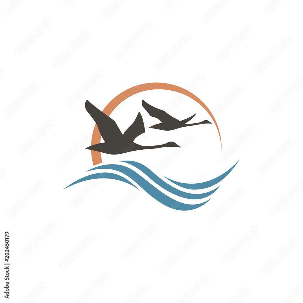 Obraz premium abstract icon with swans, sun and waves