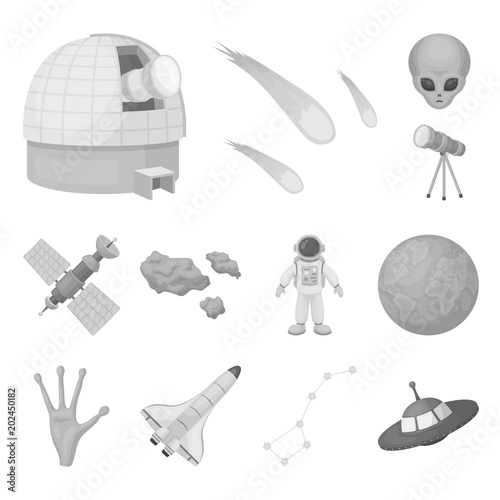 Space technology monochrome icons in set collection for design.Spacecraft and equipment vector symbol stock web illustration.