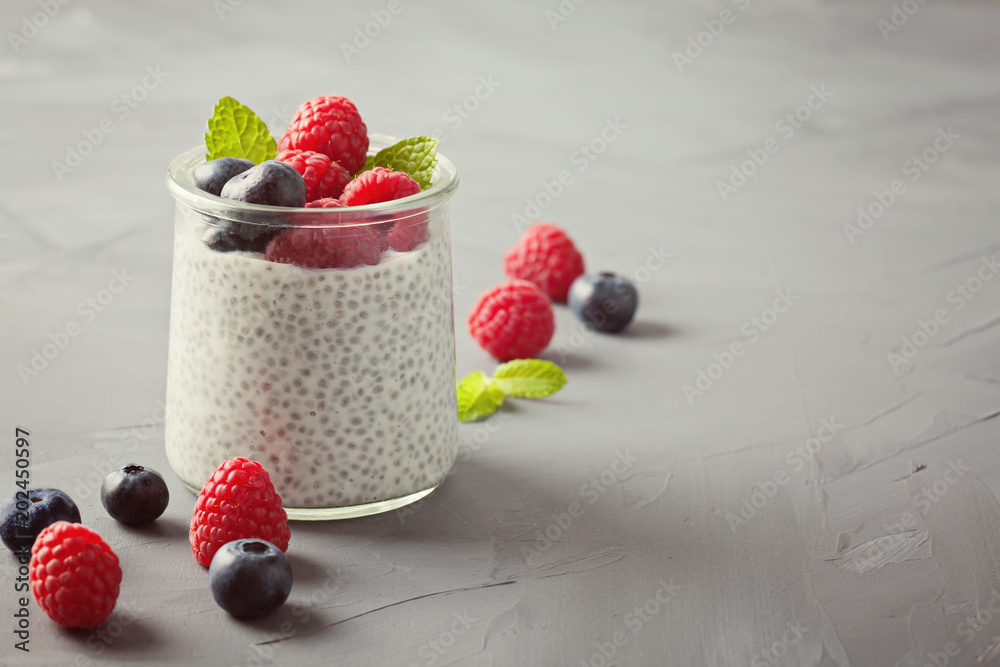 Chia pudding with fresh berries and almond milk. Superfood concept Chia pudding with fresh berries and almond milk. Superfood concept