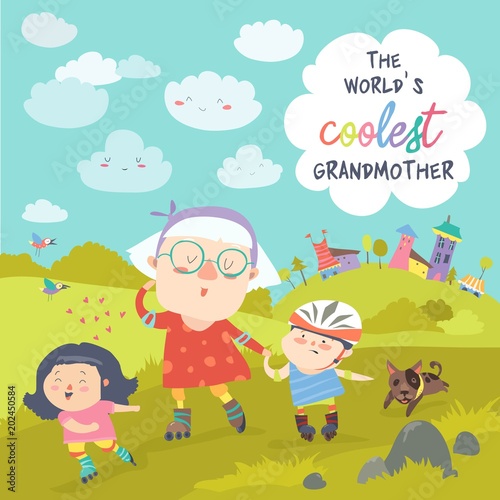 Grandmother with her happy grandchildren skate on rollers
