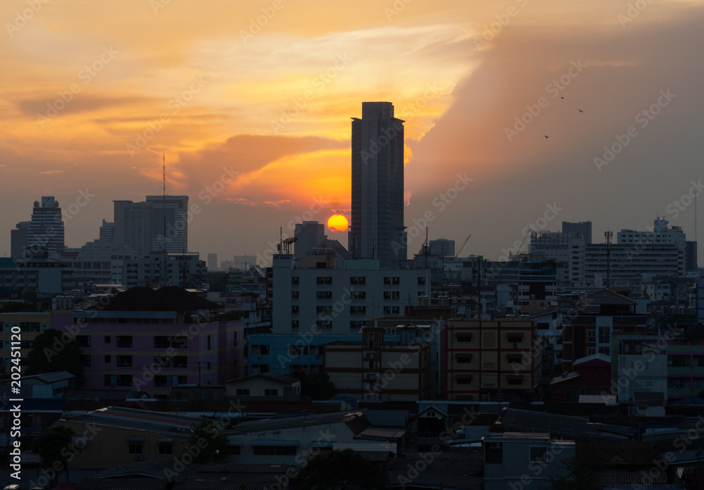 Sunset behide tower with birds