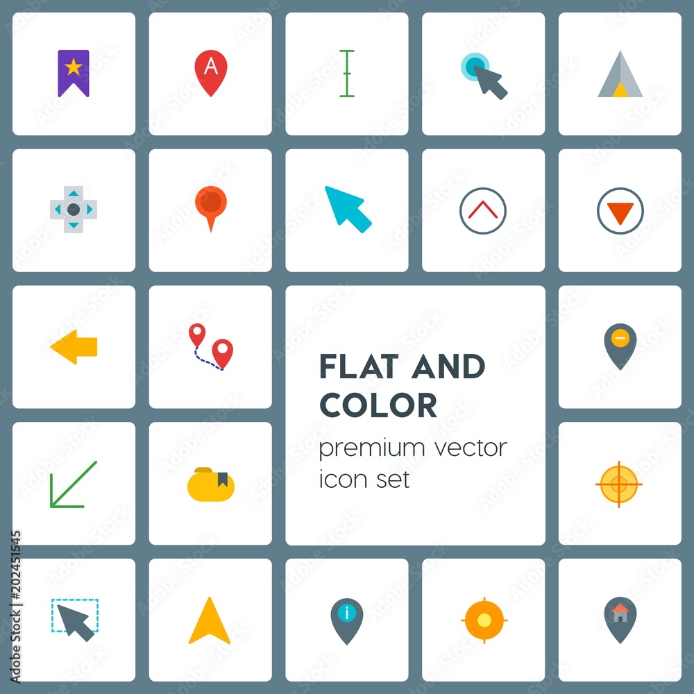Modern Simple Set of location, arrows, cursors, bookmarks Vector flat Icons. Contains such Icons as  travel,  point,  favorite,  center,  pin and more on grey background. Fully Editable. Pixel Perfect