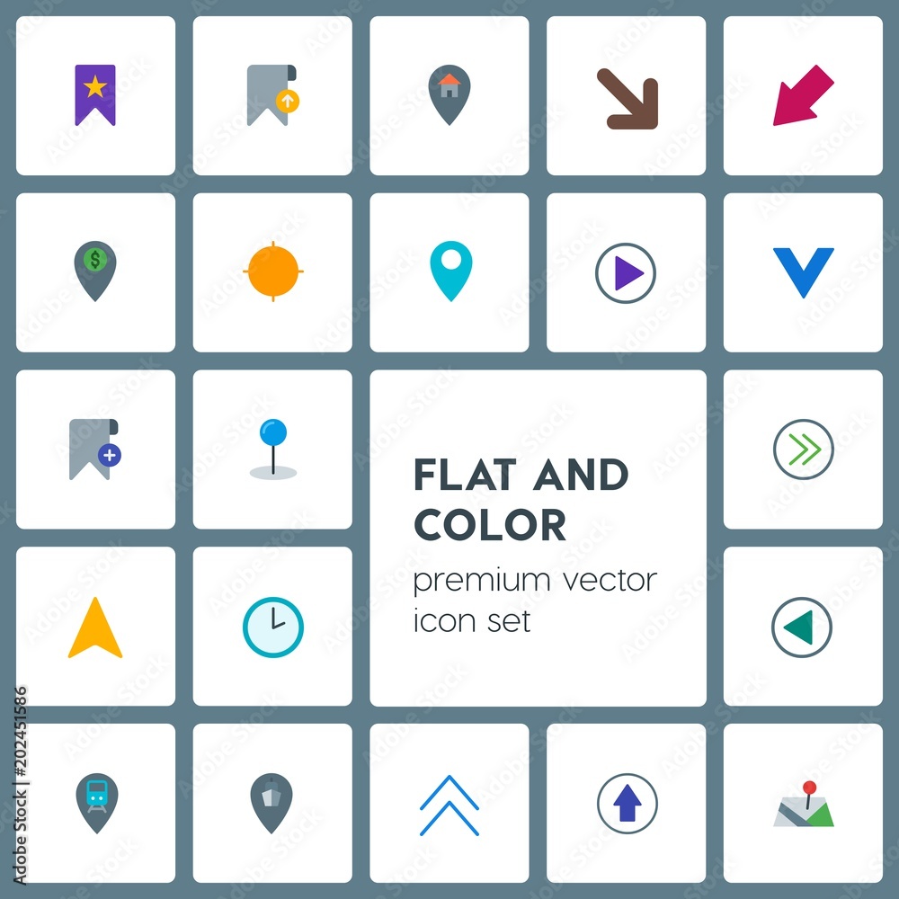 Modern Simple Set of location, arrows, cursors, bookmarks Vector flat Icons. Contains such Icons as  center,  railway,  add,  cursor,  minute and more on grey background. Fully Editable. Pixel Perfect