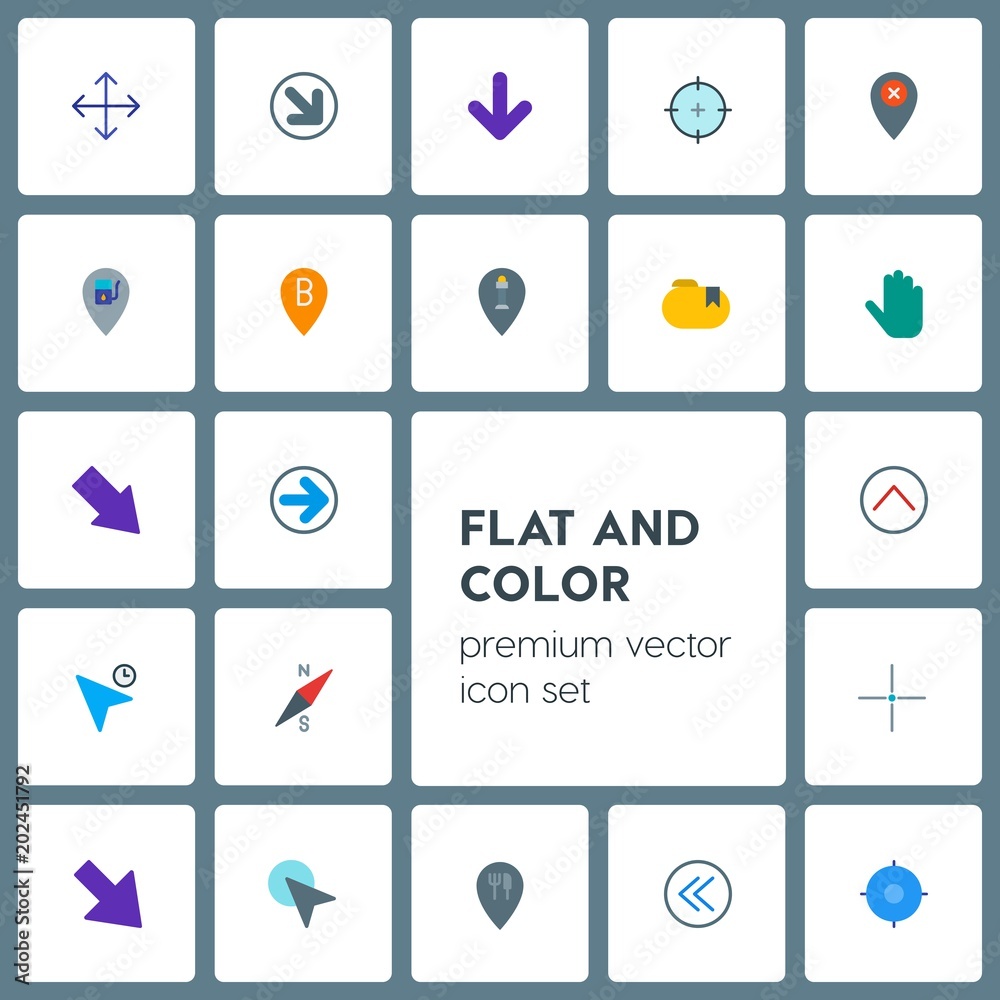 Modern Simple Set of location, arrows, cursors, bookmarks Vector flat Icons. Contains such Icons as delete,  light,  cursor,  center,  travel and more on grey background. Fully Editable. Pixel Perfect