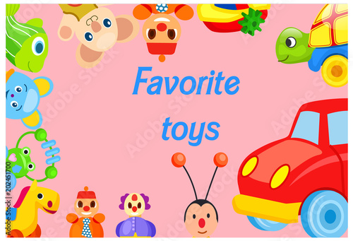 Favorite Toys Collection around Pink Background