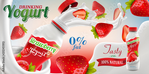 Drinking yogurt ads with natural strawberry taste and flavor with splashing milk swirl commercial vector mock-up hyperrealistic illustration