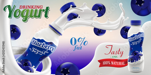 Drinking yogurt ads with natural blueberry taste and flavor with splashing milk swirl commercial vector mock-up hyperrealistic illustration