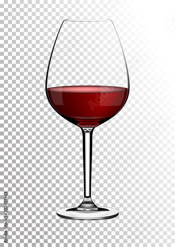 Transparent realistic vector wineglass full of red wine rich dark ruby burgundy color. Illustration in photorealistic style.