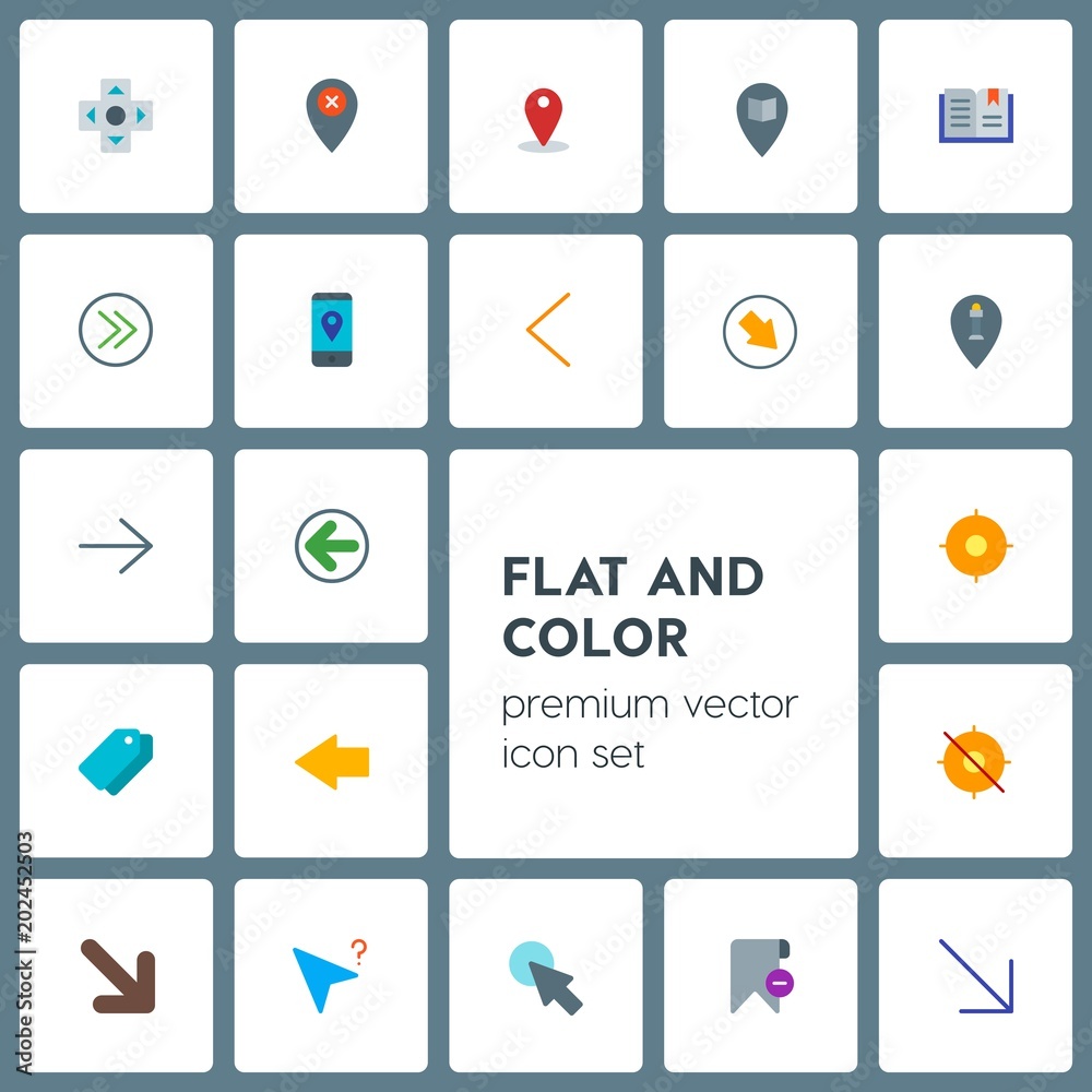 Modern Simple Set of location, arrows, cursors, bookmarks Vector flat Icons. Contains such Icons as  page, delete, book,  paper,  pin,  right and more on grey background. Fully Editable. Pixel Perfect