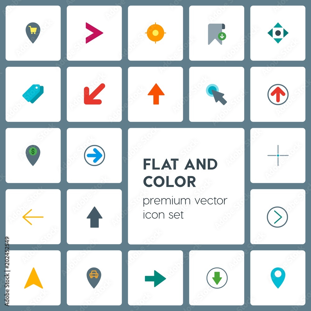 Modern Simple Set of location, arrows, cursors, bookmarks Vector flat Icons. Contains such Icons as click,  arrow,  money, right,  up, arrow and more on grey background. Fully Editable. Pixel Perfect